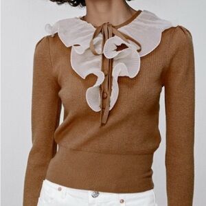 Zara Brown Top with Cream Ruffle Detail